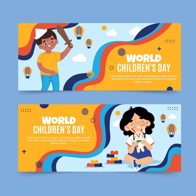 Ręcznie rysowane zestaw poziomych banerów płaski światowy dzień dziecka