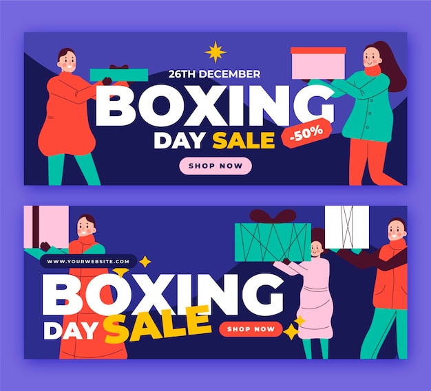 Bezpłatny wektor ręcznie rysowane zestaw poziomych banerów płaskich boxing day