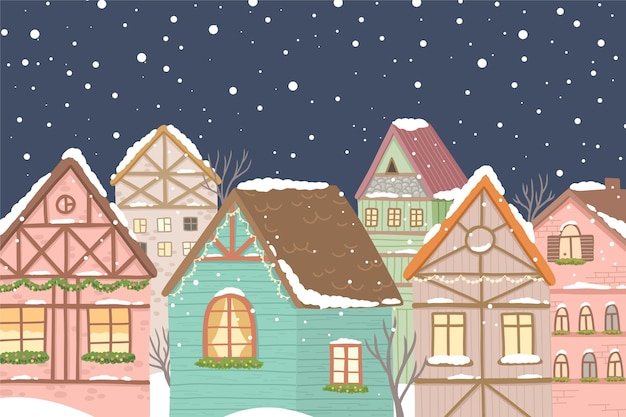 Ręcznie rysowane zimowa ilustracja wioski