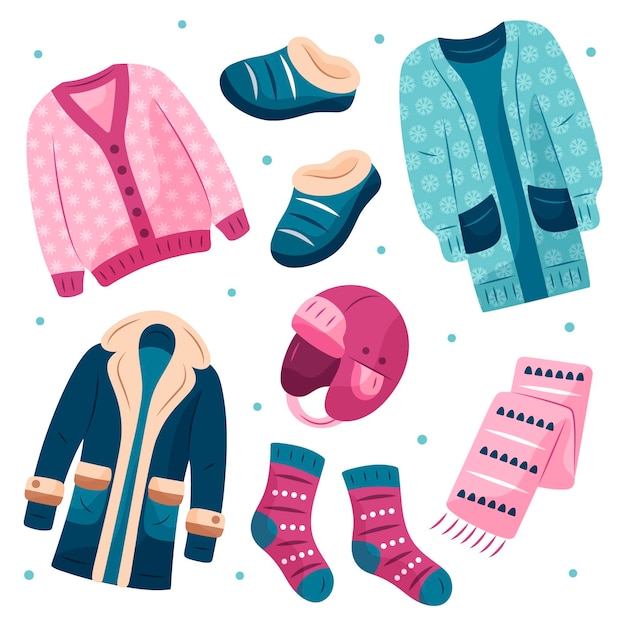 Bezpłatny wektor ręcznie rysowane zimowe ubrania i niezbędne artykuły