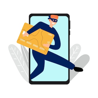 Ręcznie rysowane złodziej pieniędzy kart kredytowych za pośrednictwem koncepcji banku mobilnego telefonu