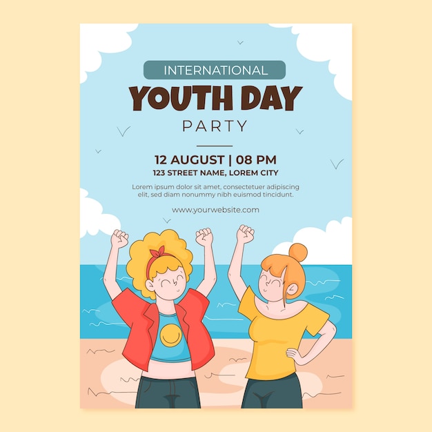 Bezpłatny wektor ręcznie rysowany pionowy szablon plakatu na obchody międzynarodowego dnia młodzieży