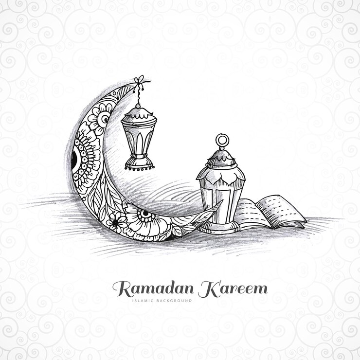 Bezpłatny plik Wektor ręcznie rysuj ramadan kareem islamska lampa i szkic księżyca