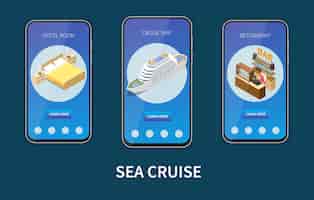 Bezpłatny wektor rejs morski izometryczny pionowy baner z opisami statków wycieczkowych i restauracji w pokoju hotelowym i dowiedz się więcej ilustracji przycisków