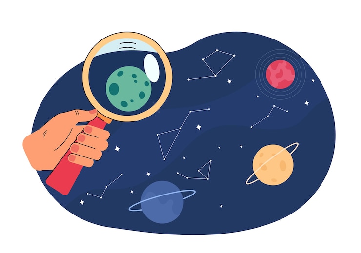 Bezpłatny plik Wektor ręka trzyma lupę i bada planetę w kosmosie. gwiazdy, planety i konstelacja w ilustracji wektorowych płaski niebo. astronomia, astrologia, koncepcja edukacji na baner lub stronę docelową