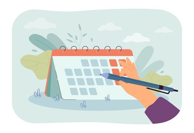 Ręka z długopisem oznaczania dat na ilustracji wektorowych płaski kalendarz. Planowanie osób, planowanie czasu i spotkań. Zarządzanie czasem, koncepcja aranżacji banera, projekt strony internetowej lub landing page