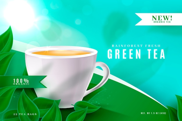 Bezpłatny wektor reklama produktu z napojami z zielonej herbaty