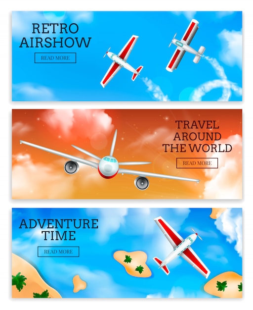 Bezpłatny wektor reklamy retro airshow i biur podróży linii lotniczych latających samolotów