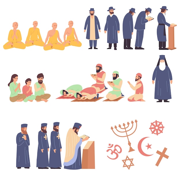 Bezpłatny wektor religie świata płaski zestaw przedstawicieli różnych wyznań, tak jak ortodoksja buddyzm judaizm hinduizm islam katolicki na białym tle ilustracja wektorowa