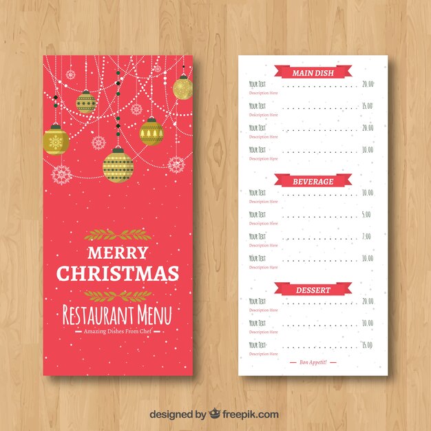 Retro menu Boże Narodzenie z dekoracyjnymi kulkami