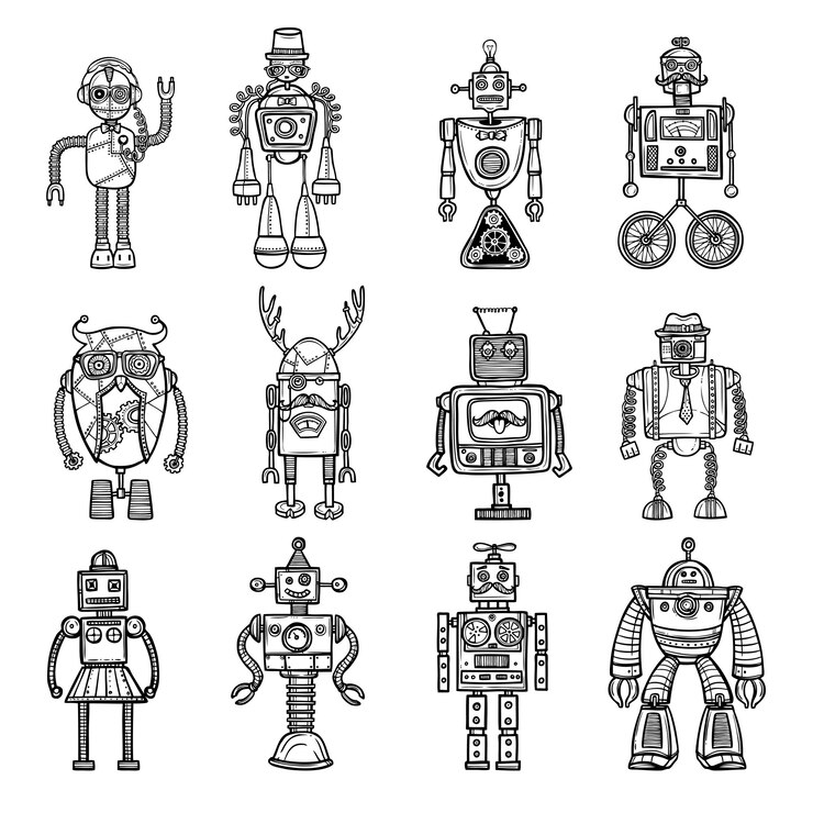 Bezpłatny plik Wektor roboty doodle stile czarne ikony ustaw