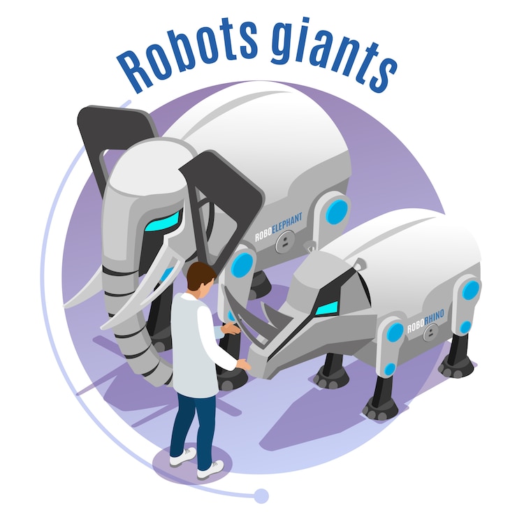 Bezpłatny plik Wektor roboty zwierzęce kolorowe i izometryczny godło z robotów gigantów opis ilustracja słoń i nosorożec