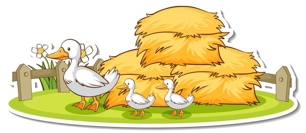 Rodzina kaczek ze stogiem siana