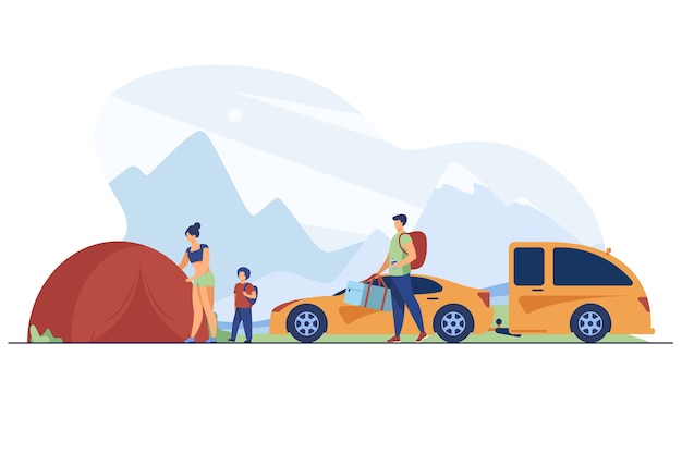 Bezpłatny wektor rodzina rozbijająca obóz w górach. turystów z dzieckiem w pobliżu ilustracji wektorowych płaski namiot i samochód. wakacje, podróże rodzinne, koncepcja przygody