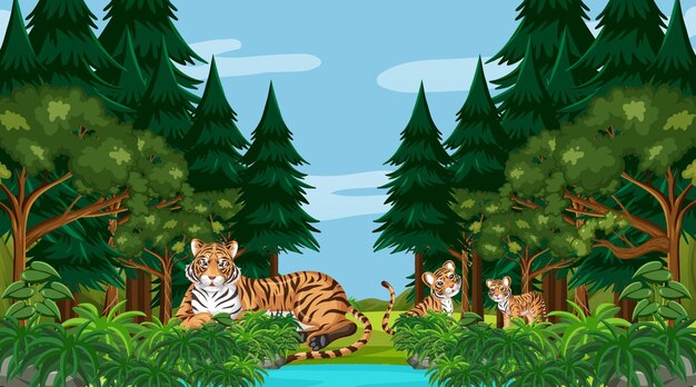 Rodzina tygrysów w lesie lub lesie deszczowym z wieloma drzewami