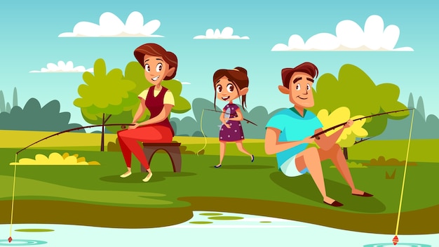 Bezpłatny wektor rodzinna połów ilustracja matka, ojciec i córka na wakacyjnym wakacje.