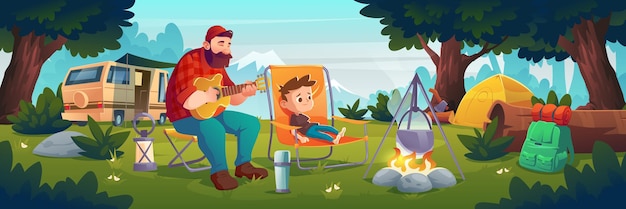 Rodzinny kemping, ojciec i synek odpoczywają w obozie leśnym, grając na gitarze przy ogniu. Mężczyzna i chłopiec turyści czas letni wypoczynek, turystyka na wakacjach lub podróżowanie aktywność turystyczna Ilustracja wektorowa kreskówka