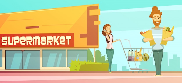 Rodzinny supermarket sklep spożywczy robi zakupy retro kreskówka plakat z sklepu budynku ulicznym widokiem
