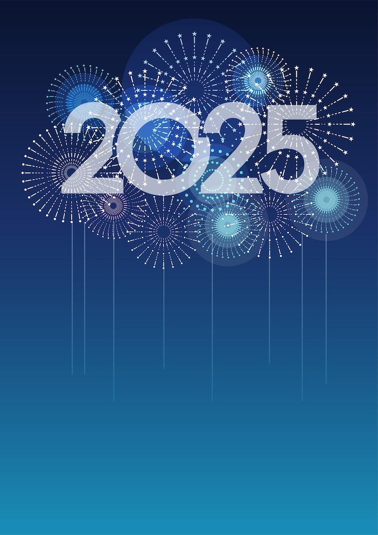 Bezpłatny plik Wektor rok 2025 logo wektorowe i uroczyste fajerwerki z tekstem na niebieskim tle