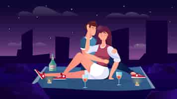 Bezpłatny wektor romantyczna płaska kompozycja randkowa z zewnętrzną nocną scenerią miasta gwiaździste niebo i pijącą parę na ilustracji dywanu