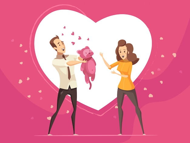 Bezpłatny wektor romantyczne prezenty dla miłości pary walentynki karty z różowym tle i duże serce symb