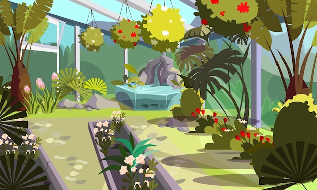 Bezpłatny wektor rośliny w pustej szklarni dom ogród oranżeria wystrój wnętrz egzotyczne kwiaty ozdobne tropikalne palmy w szklarni
