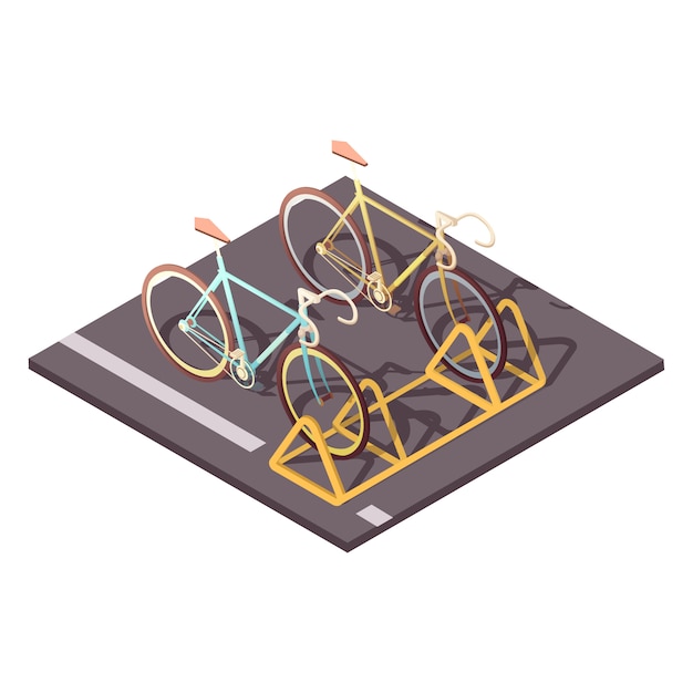 Rowerowy parking pojęcie z miasto roweru przejażdżki symboli / lów isometric wektorową ilustracją