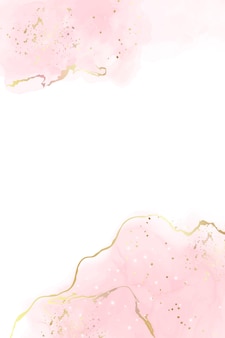 Róża różowy płynny akwarela tło ze złotymi liniami. efekt rysowania tuszem z marmuru rumieniec. szablon projektu ilustracji wektorowych na zaproszenie na ślub, menu, rsvp