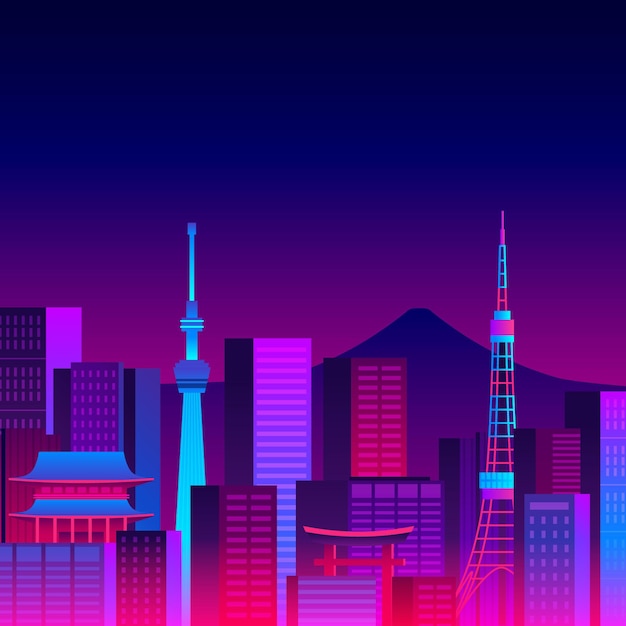 Różne Budynki Panoramę Tokio Z Neonów