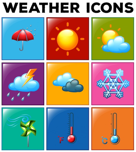 Bezpłatny wektor różne ikony pogody na kolorowym tle