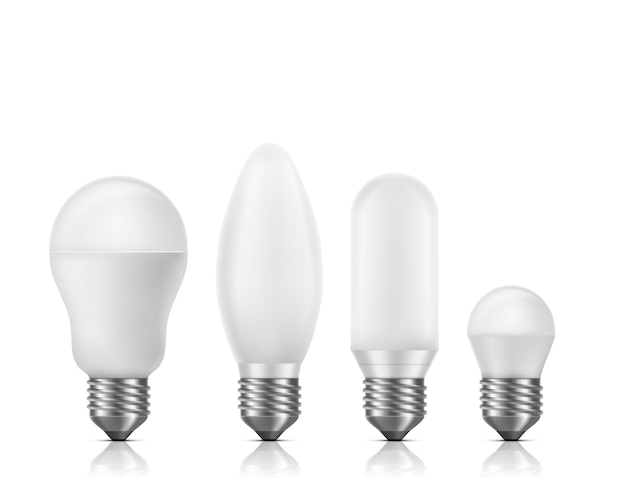 Różne kształty i rozmiary, żarówki fluorescencyjne lub LED z białym matowym szkłem i podstawą E27 3D realistyczny wektor zestaw na białym tle. Wysokowydajne lampy o dłuższej żywotności
