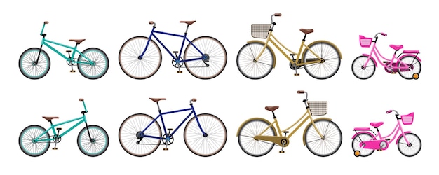 Różne modele i style rowerów dla rowerzystów do wyboru w zależności od wieku i użytkowania. Wektor ilustracja kreskówka rower na białym tle na białym tle.