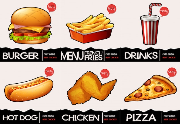 Bezpłatny wektor różne rodzaje fastfood w menu