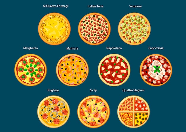 Różne rodzaje płaskiej ikony pizzy z marinara, margherita, napoletana, veronese, sycylijski, pugliese, capricciosa, włoskim tuńczykiem, quatre fromage i czterema porami roku