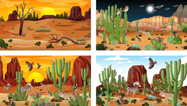 Różne sceny z pustynnym krajobrazem lasu ze zwierzętami i roślinami