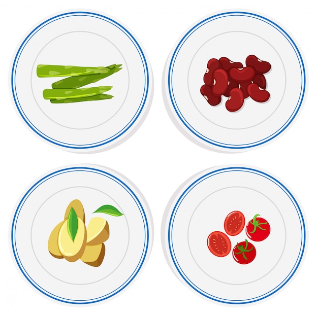 Bezpłatny wektor różne warzywa na okrągłych talerzach