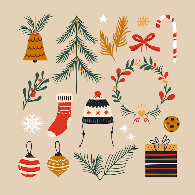 Bezpłatny wektor różnorodność ręcznie rysowane świątecznych dekoracji