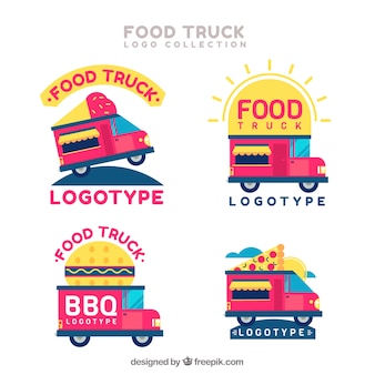 Różnorodność różnych logo żywności ciężarówek
