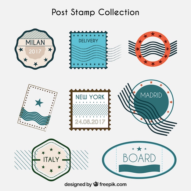 Bezpłatny wektor różnorodność znaczków pocztowych z wielkimi wzorami