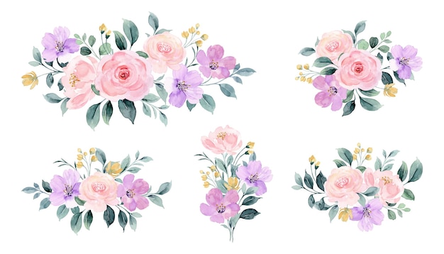 Różowa fioletowa kolekcja kompozycji kwiatowych z akwarelą