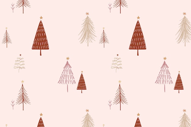 Różowe tło świąteczne, wzór świątecznych drzew w wektorze projektu doodle