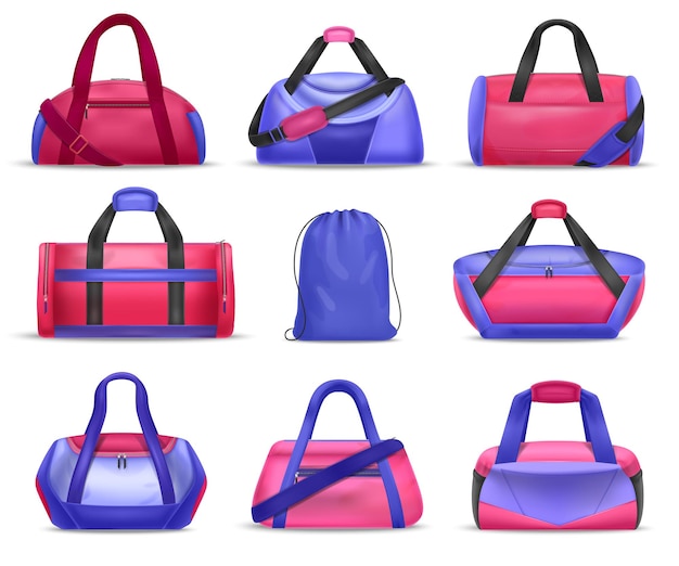 Bezpłatny wektor różowy i niebieski kolor siłownia i torby ze sznurkiem realistyczny zestaw ilustracji wektorowych na białym tle
