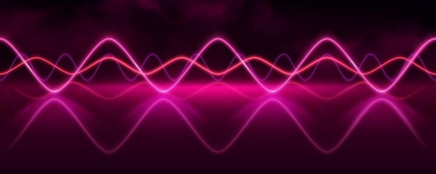 Bezpłatny wektor różowy neon audio dźwięk głos fala puls światło streszczenie radiowa muzyka elektroniczna częstotliwość wektor efekt tła wibrujący przebieg ścieżki korektora z dymem i zamazaną krzywą ilustracją wykresu