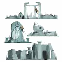Bezpłatny wektor ruiny atlantydy na białym tle kompozycje zestaw starożytnych kolumn rotundy pawilonu łuk ilustracja kreskówka cartoon