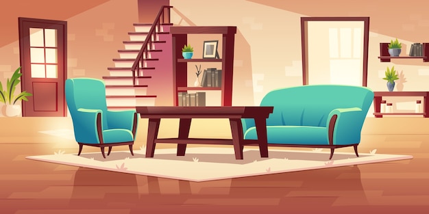 Bezpłatny wektor rustykalne wnętrze przedpokoju z drewnianymi schodami i meblami, stolik kawowy, półka, regał, kanapa i fotel z roślinami doniczkowymi