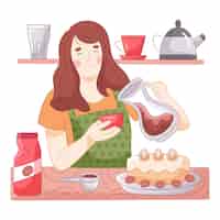 Bezpłatny wektor rysowana kobieta parzenia kawy w swojej kuchni
