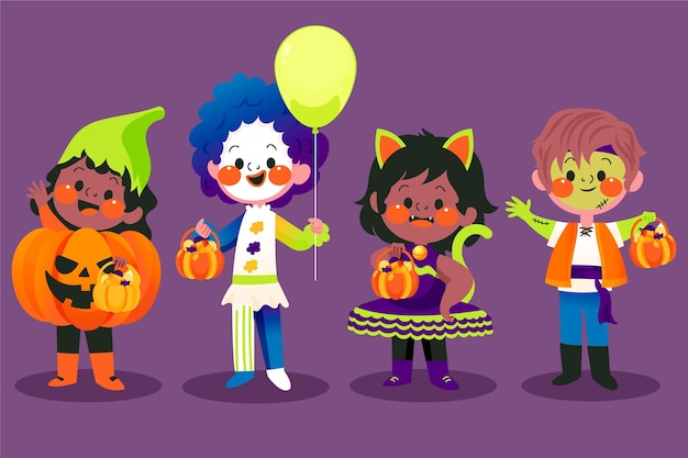 Bezpłatny wektor rysowane halloweenowe dzieciaki w kostiumach