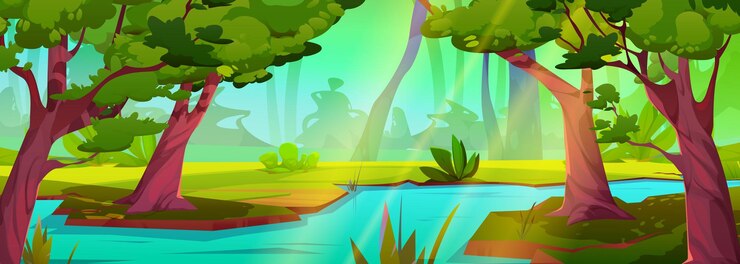 Bezpłatny plik Wektor rzeka w dżungli las wektor tropikalny krajobraz tło płynący strumień woda kreskówka natura ilustracja z zielonej trawy i dzikiej scenerii amazon rainforest gra scena projekt z promień słońca