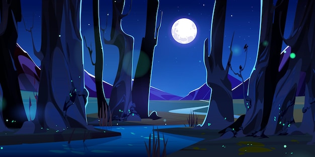 Bezpłatny wektor rzeka w nocy las góra natura wektor kreskówka krajobraz zielona trawa pod drzewem światło księżyca scena piękny płynący strumień w pobliżu łąki puste lasy panoramiczne z latającymi robakami świętojańskimi świetliki