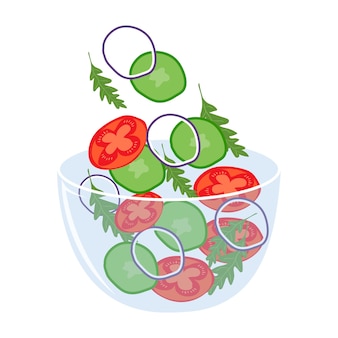 Sałatka wegetariańska ze świeżych warzyw pomidory ogórek sałata cebula ilustracja wektorowa